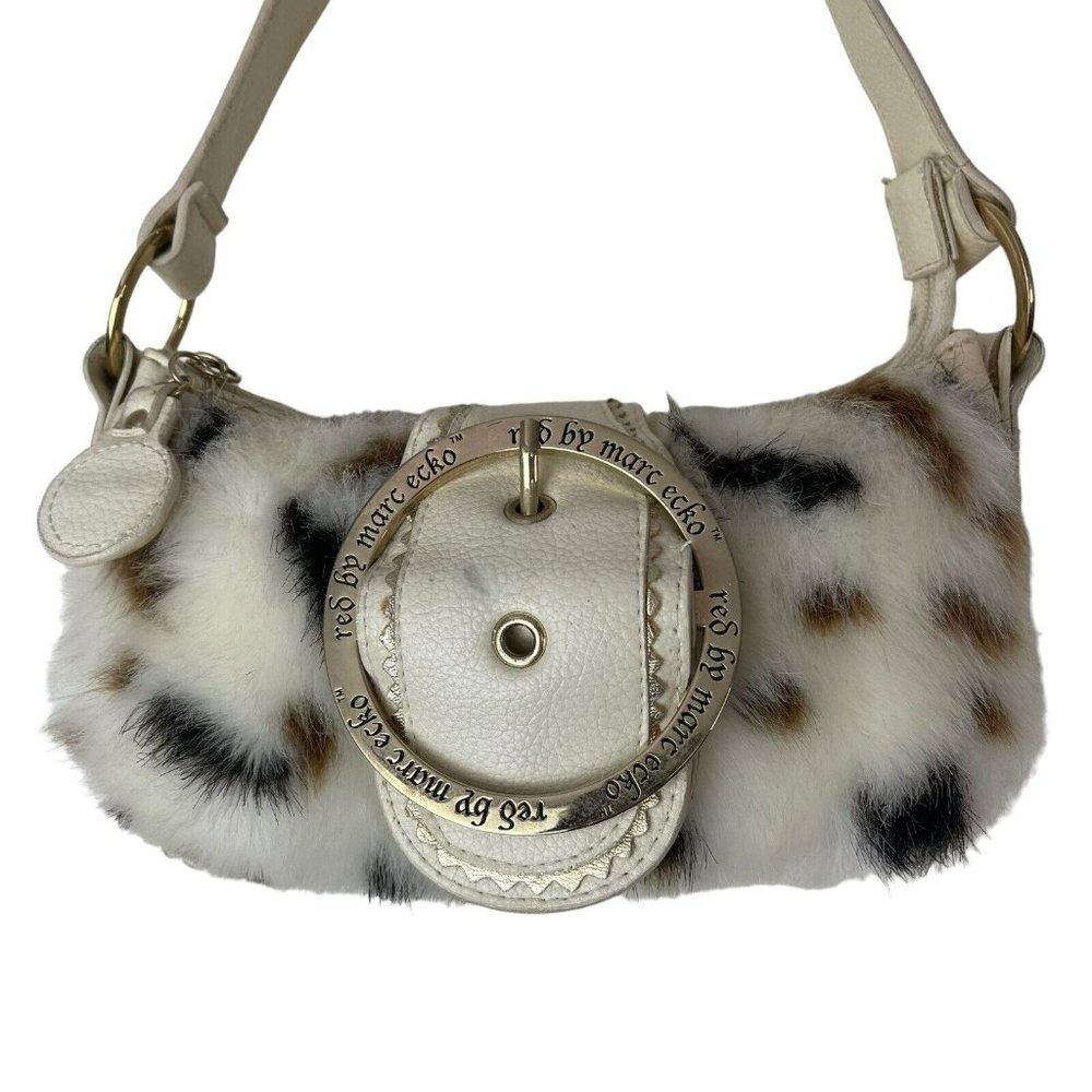 SOLD! Y2K RED by Marc Ecko White Faux Fur Mini Purse Cow Print Gold Metal - Picture 2 of 16